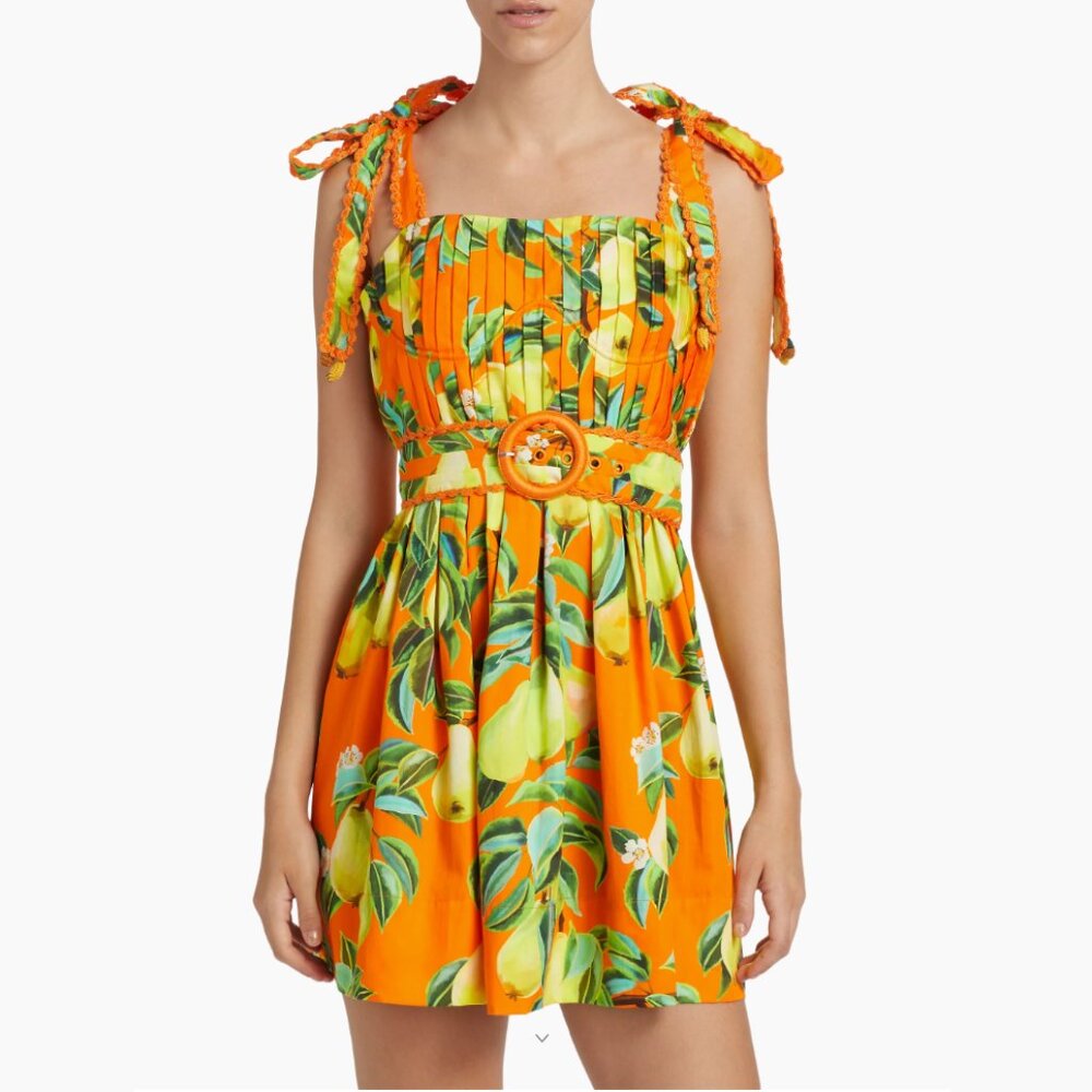 FARM RIO Chic Pears Belted Mini Dress, Orange/Yellow, NWT 🇧🇷